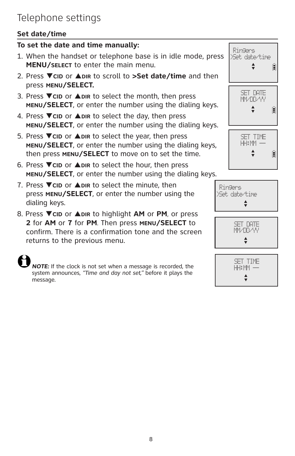 Telephone settings, Select. 3. press, Select to move on to set the time. 6. press | AT&T CL83101 User Manual | Page 9 / 14