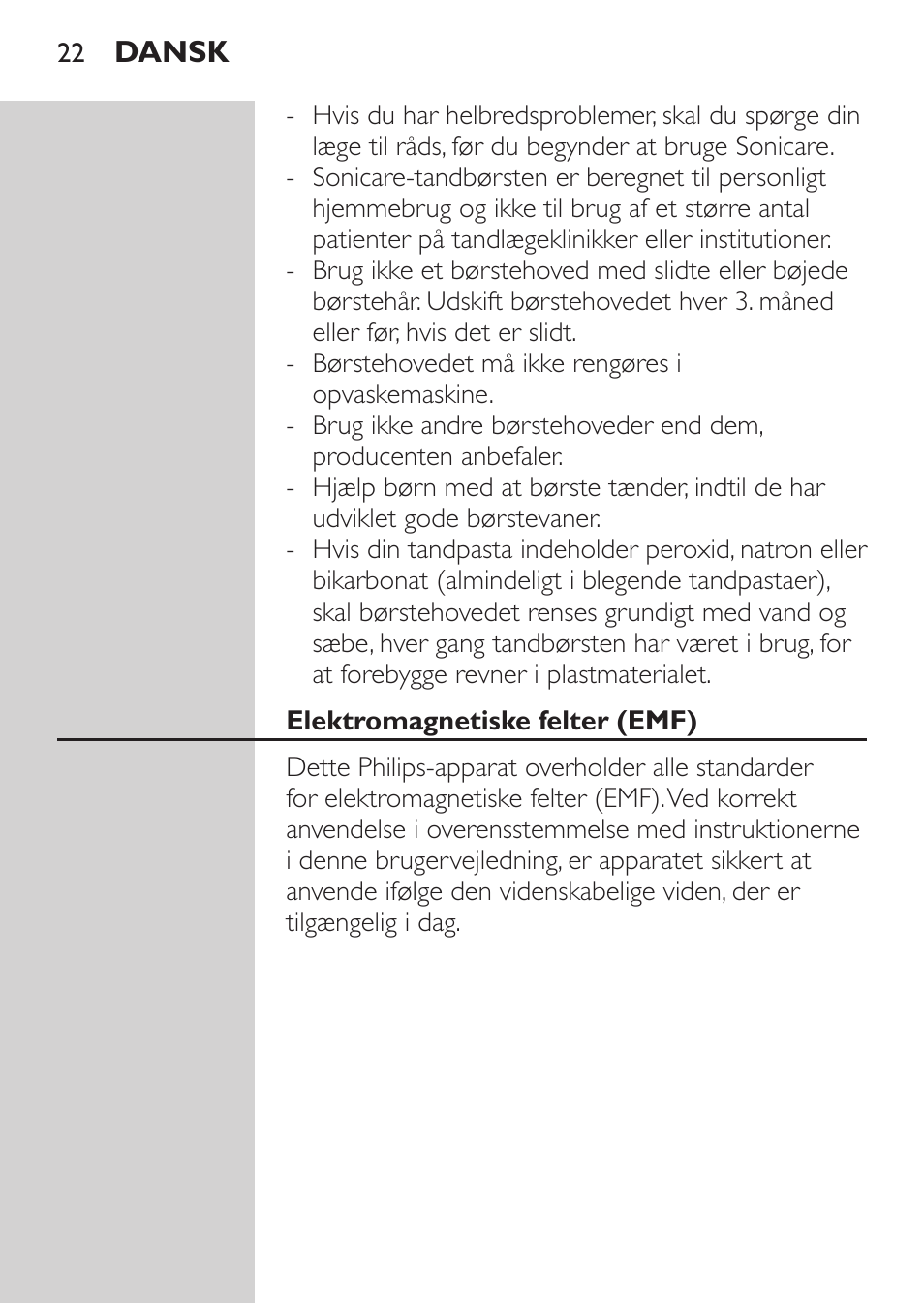 Elektromagnetiske felter (emf), Klargøring | Philips Sonicare CleanCare Cepillo dental sónico recargable User Manual | Page 22 / 132