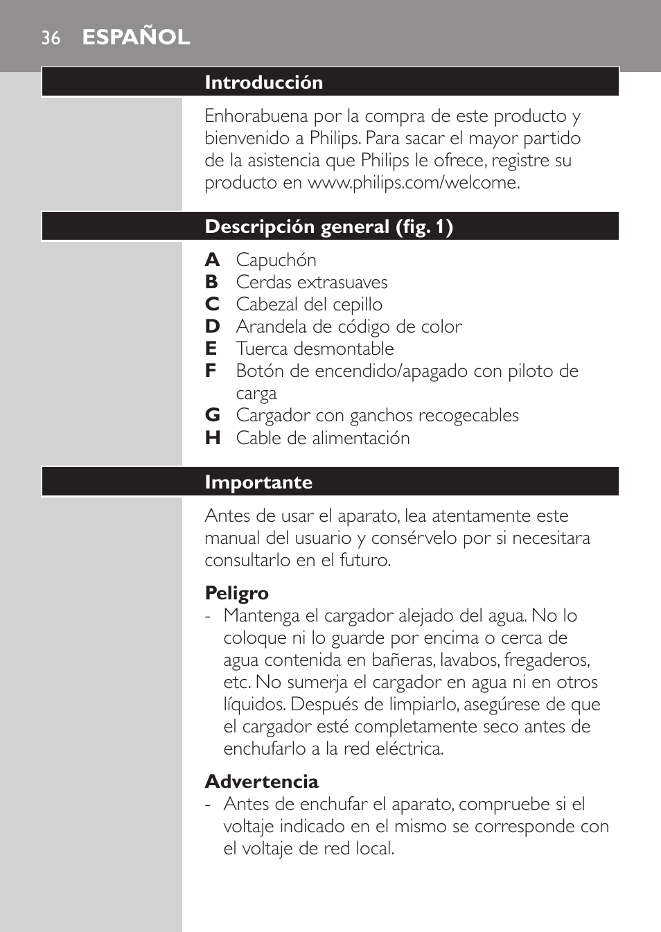 Peligro, Advertencia, Español | Introducción, Descripción general (fig. 1), Importante | Philips Sonicare CleanCare Cepillo dental sónico recargable User Manual | Page 36 / 132
