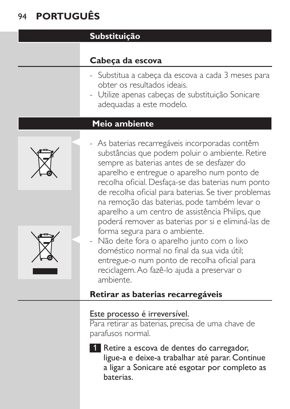 Armazenamento, Substituição, Cabeça da escova | Philips Sonicare CleanCare Cepillo dental sónico recargable User Manual | Page 94 / 132