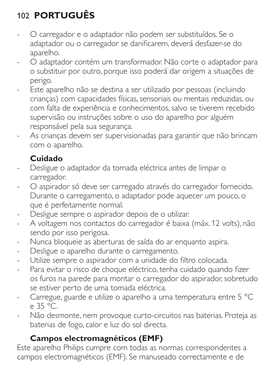 Cuidado, Campos electromagnéticos (emf) | Philips MiniVac Aspirador de mano User Manual | Page 102 / 132