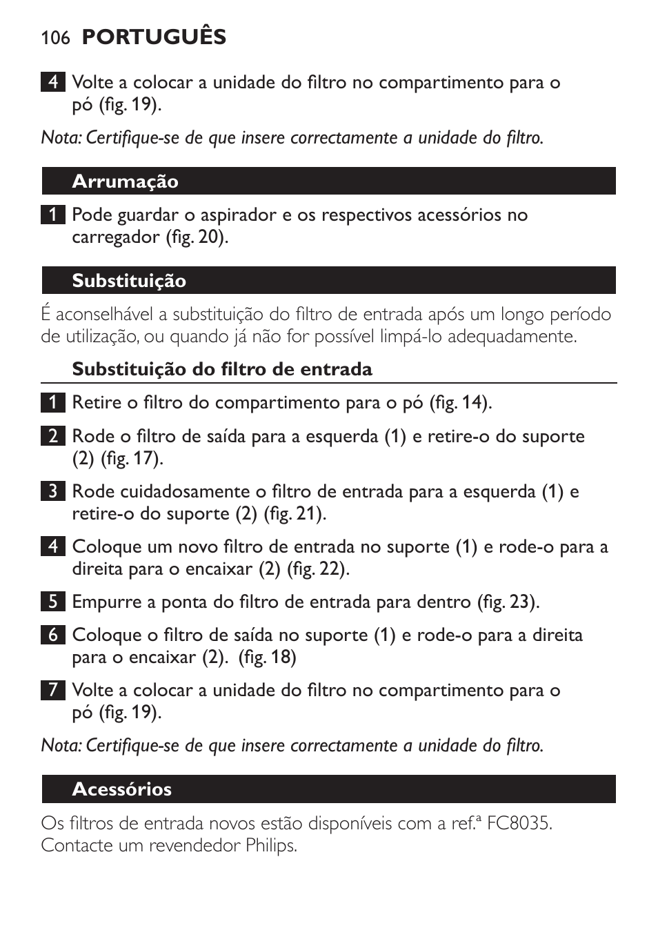 Arrumação, Substituição, Substituição do filtro de entrada | Acessórios | Philips MiniVac Aspirador de mano User Manual | Page 106 / 132