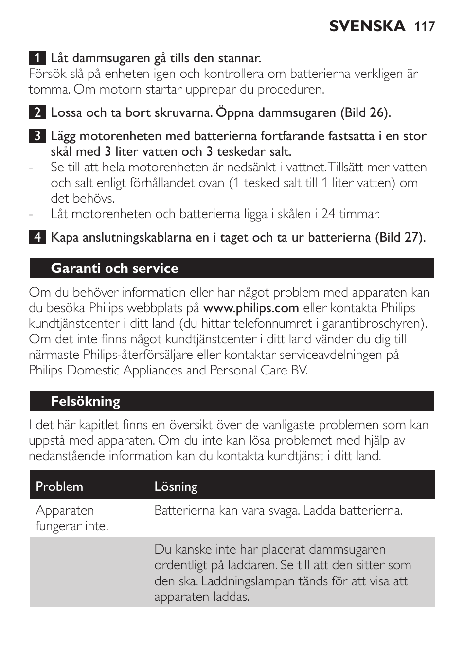 Garanti och service, Felsökning | Philips MiniVac Aspirador de mano User Manual | Page 117 / 132