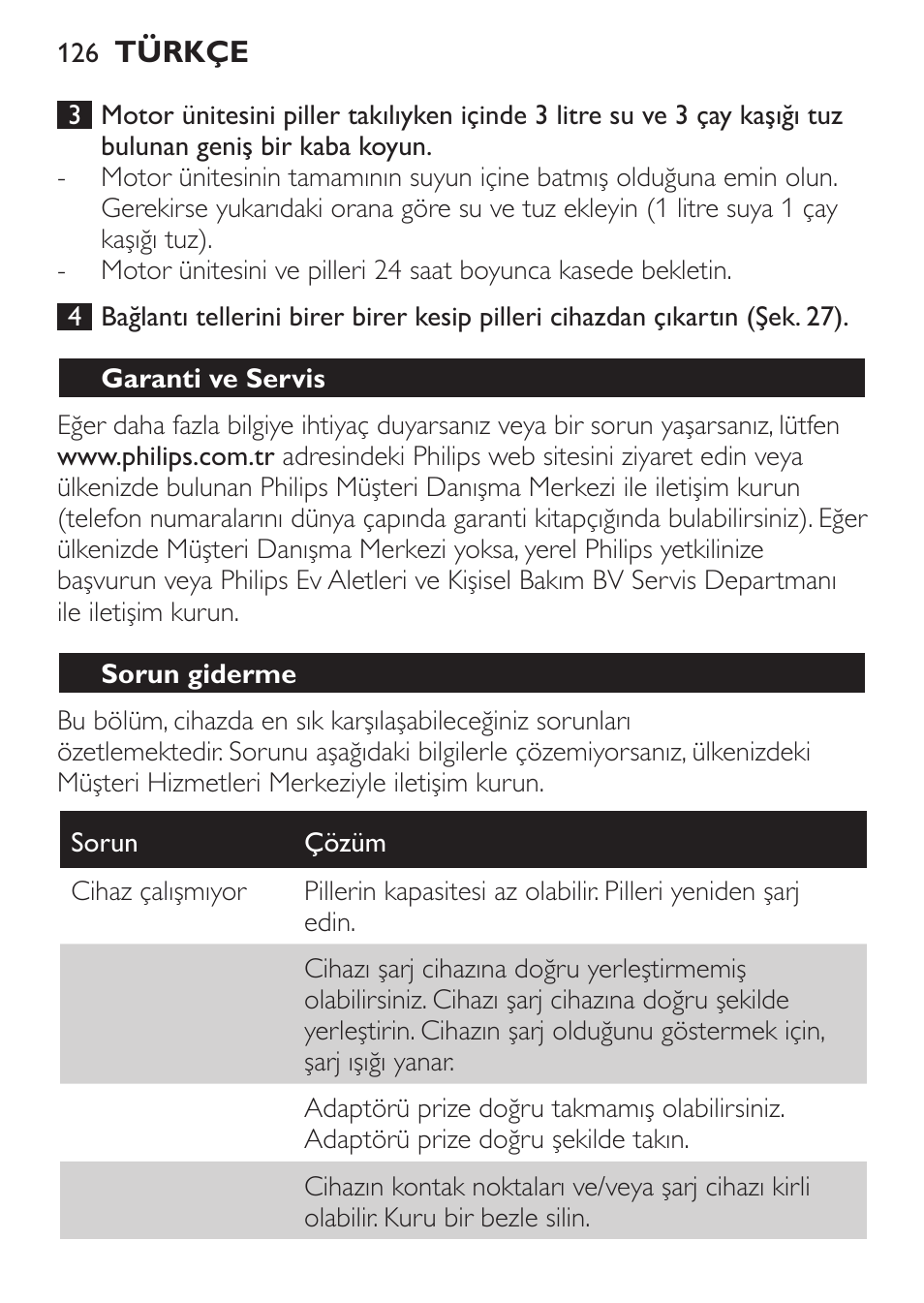 Garanti ve servis, Sorun giderme | Philips MiniVac Aspirador de mano User Manual | Page 126 / 132