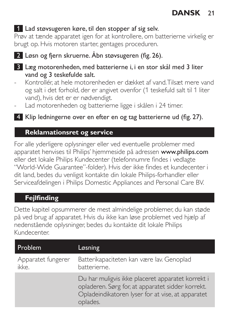 Reklamationsret og service, Fejlfinding | Philips MiniVac Aspirador de mano User Manual | Page 21 / 132