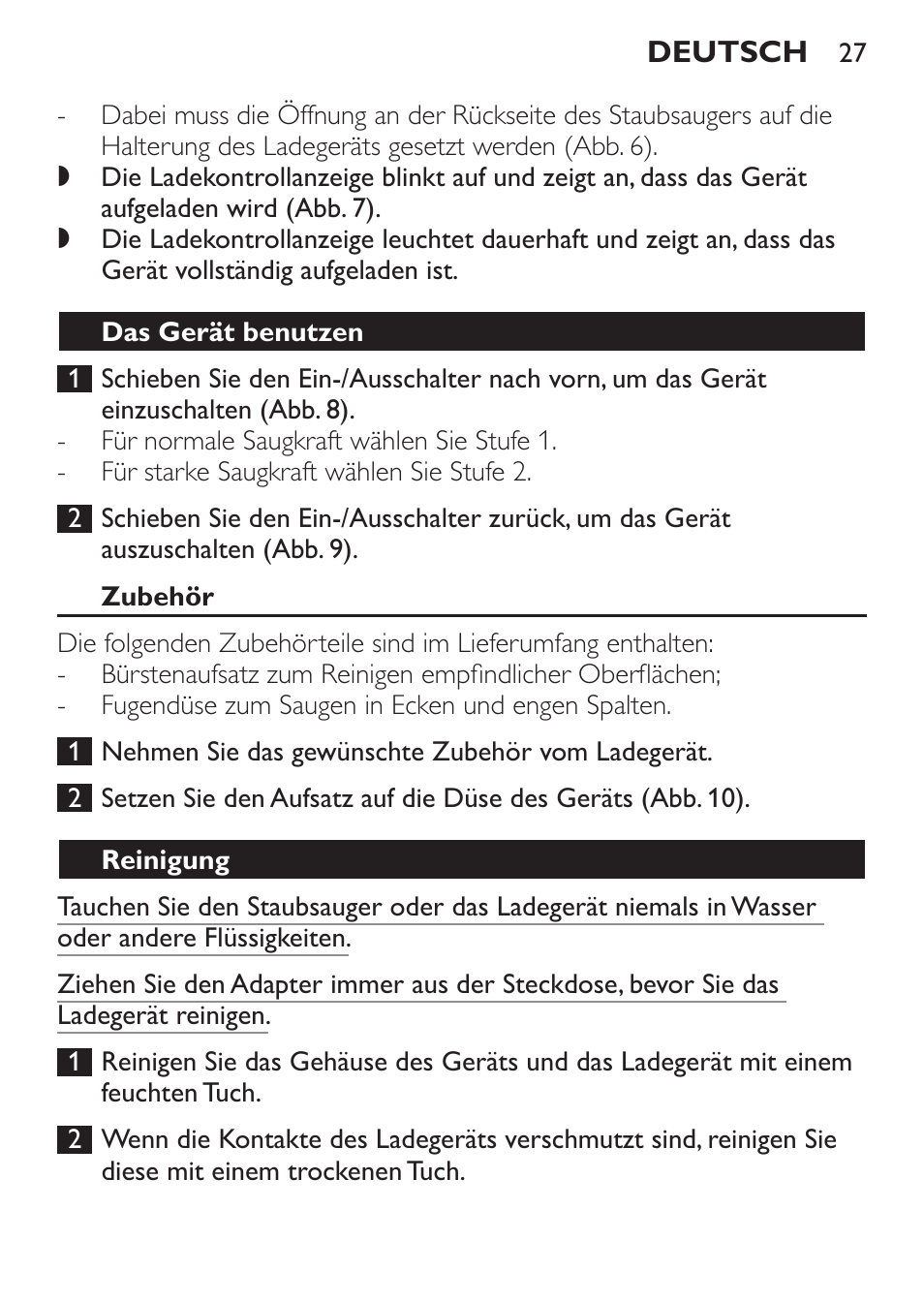 Das gerät benutzen, Zubehör, Reinigung | Philips MiniVac Aspirador de mano User Manual | Page 27 / 132