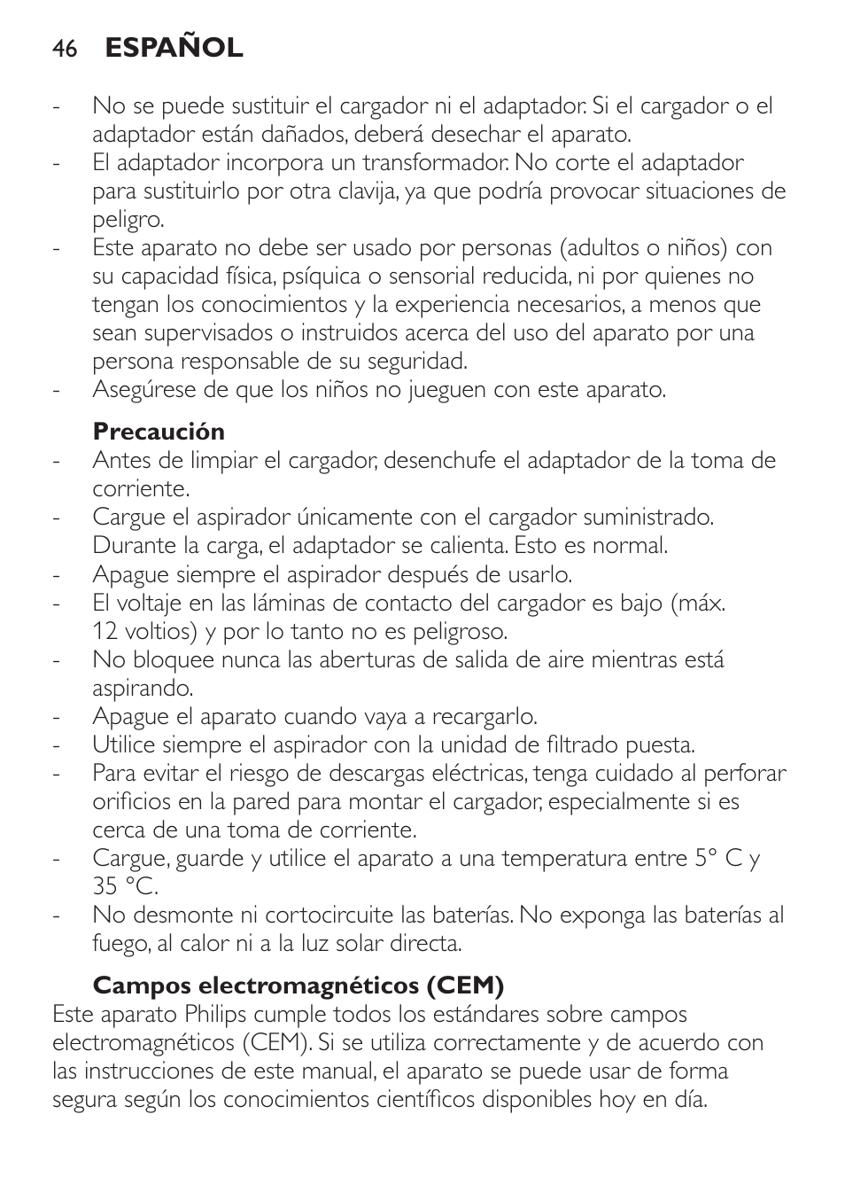 Precaución, Campos electromagnéticos (cem) | Philips MiniVac Aspirador de mano User Manual | Page 46 / 132