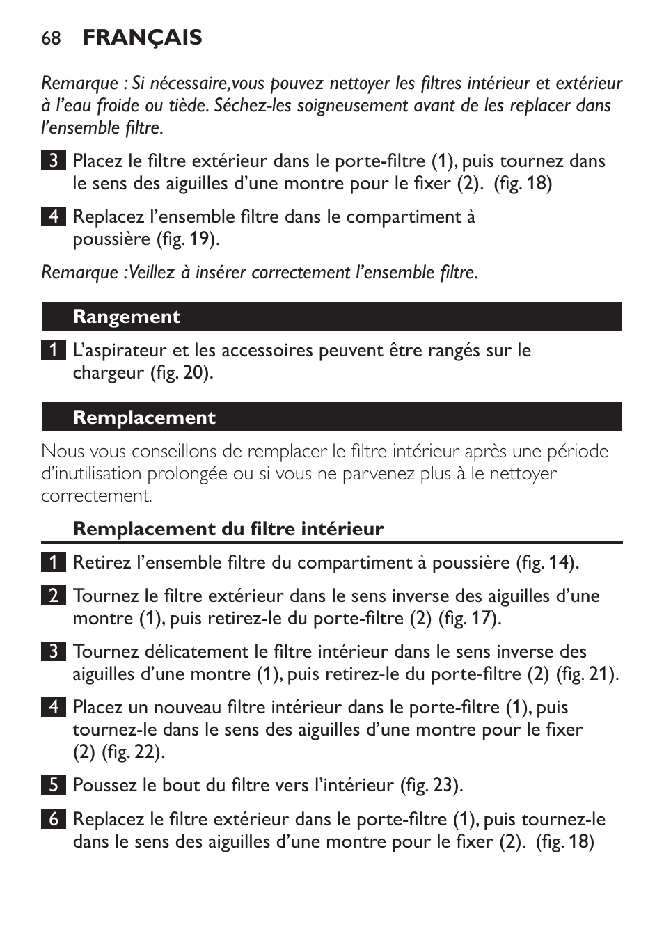 Rangement, Remplacement, Remplacement du filtre intérieur | Philips MiniVac Aspirador de mano User Manual | Page 68 / 132