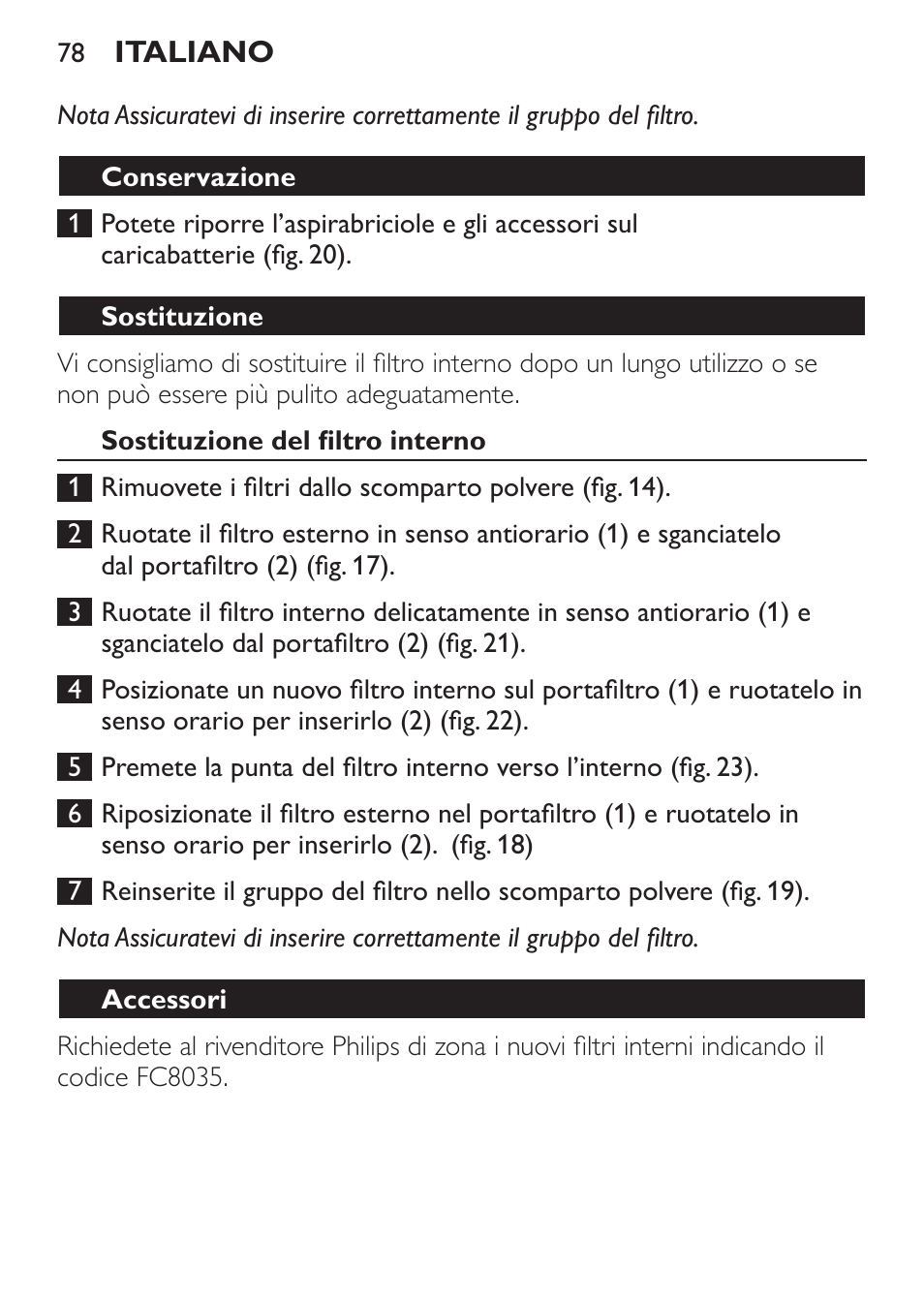 Conservazione, Sostituzione, Sostituzione del filtro interno | Accessori | Philips MiniVac Aspirador de mano User Manual | Page 78 / 132