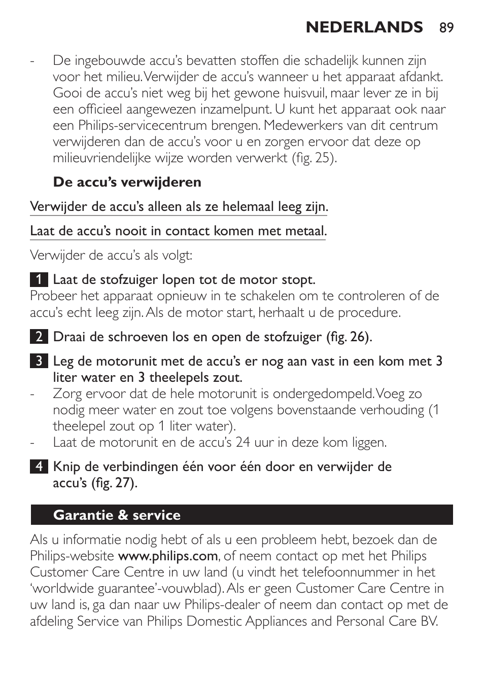 De accu’s verwijderen, Garantie & service | Philips MiniVac Aspirador de mano User Manual | Page 89 / 132