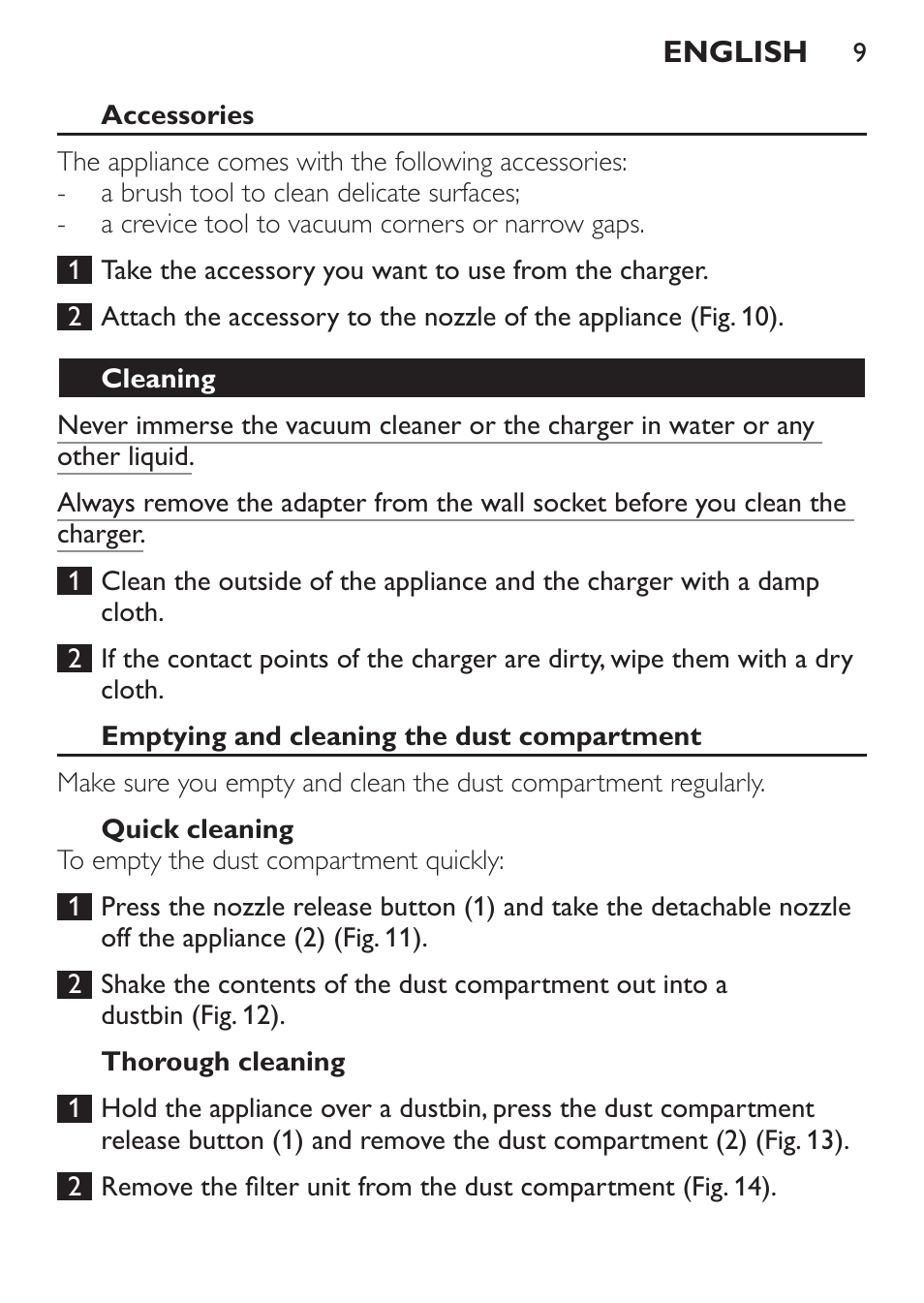 Accessories, Cleaning, Emptying and cleaning the dust compartment | Quick cleaning, Thorough cleaning | Philips MiniVac Aspirador de mano User Manual | Page 9 / 132