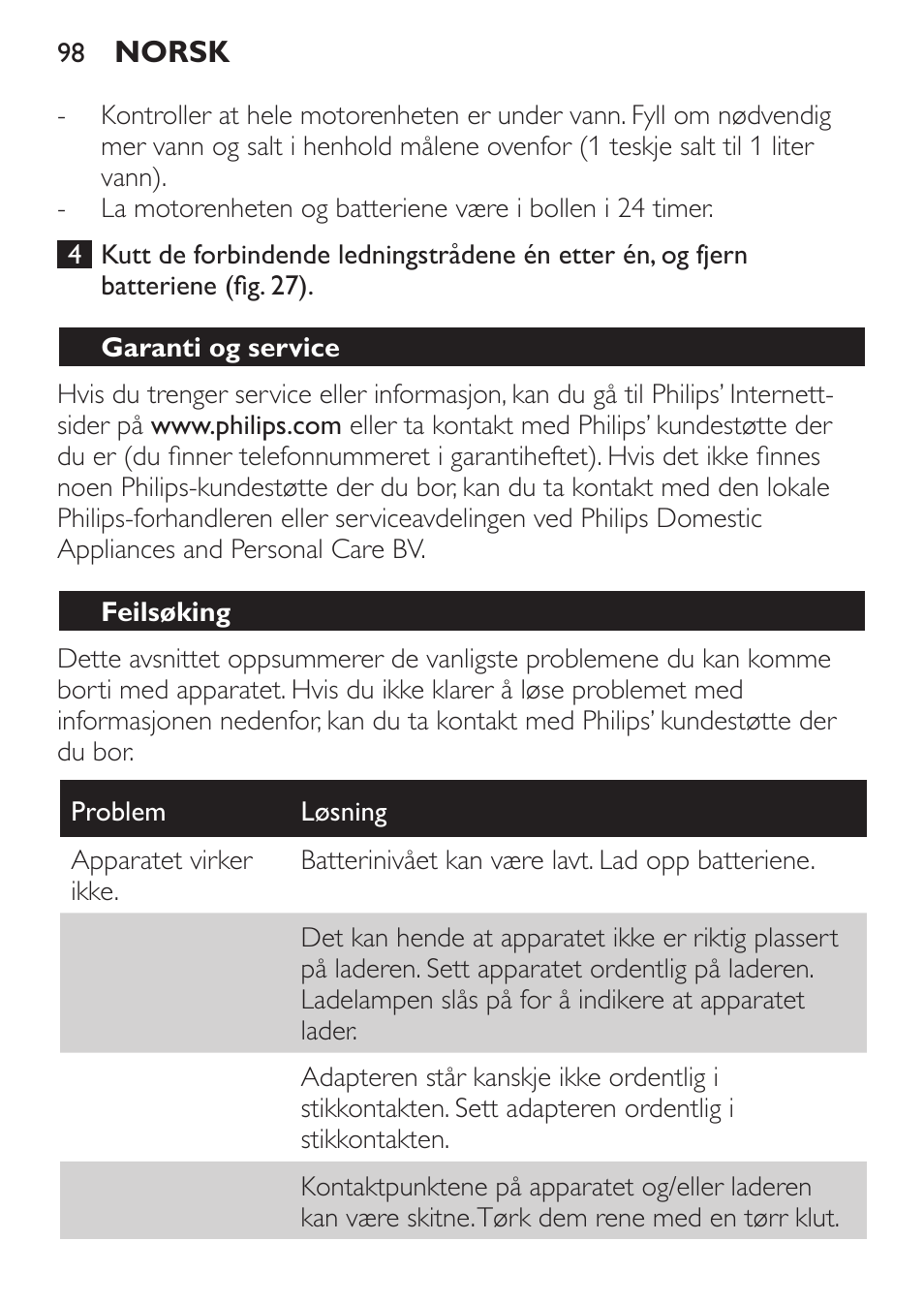 Garanti og service, Feilsøking | Philips MiniVac Aspirador de mano User Manual | Page 98 / 132