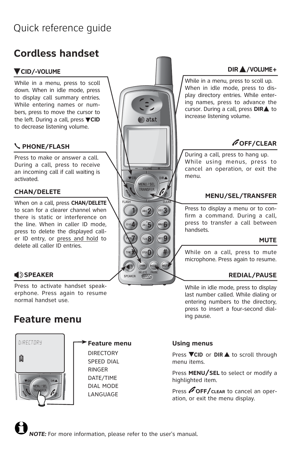 Quick reference guide cordless handset, Feature menu | AT&T E5812B User Manual | Page 4 / 6