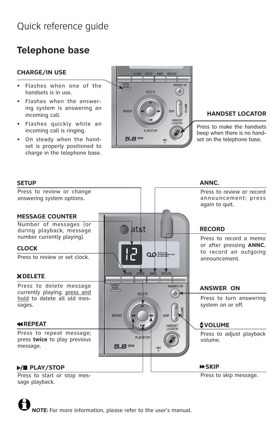 Quick reference guide telephone base | AT&T E5812B User Manual | Page 5 / 6