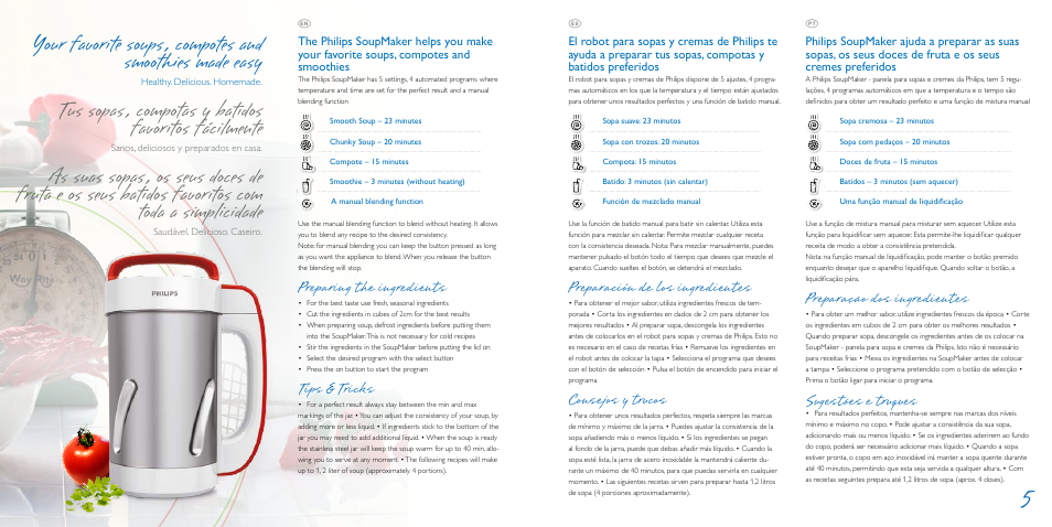 Tus sopas, compotas y batidos favoritos fácilmente, Preparing the ingredients, Tips & tricks | Preparación de los ingredientes, Consejos y trucos, Preparação dos ingredientes, Sugestões e truques | Philips Viva Collection Más que sopas User Manual | Page 3 / 35
