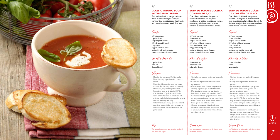 Sopa, Pão de alho, Passos | Sugestão, Pan de ajo, Pasos, Consejo, Soup, Garlic bread, Steps | Philips Viva Collection Más que sopas User Manual | Page 4 / 35