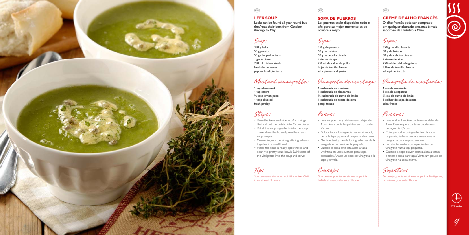 Sopa, Passos, Sugestão | Vinagreta de mostaza, Pasos, Consejo, Soup, Mustard vinaigrette, Steps, Vinagreta de mostarda | Philips Viva Collection Más que sopas User Manual | Page 5 / 35