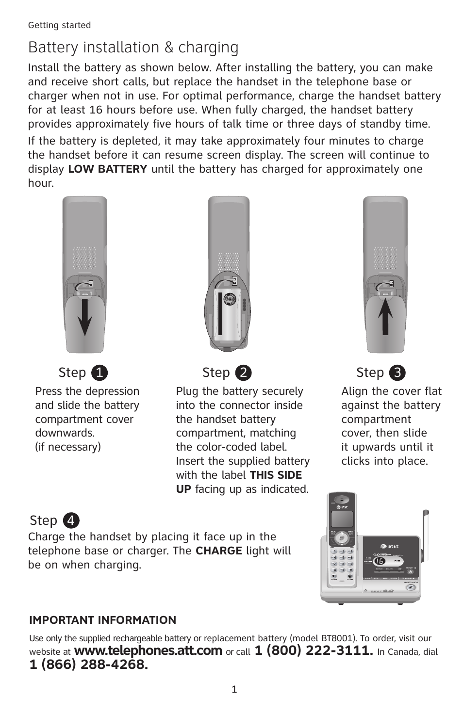 Battery installation & charging, Step, Step 2 step 3 | Step 4, Important information | AT&T SL87218 User Manual | Page 2 / 8