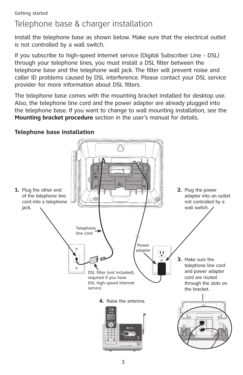 Telephone base & charger installation | AT&T SL87218 User Manual | Page 4 / 8