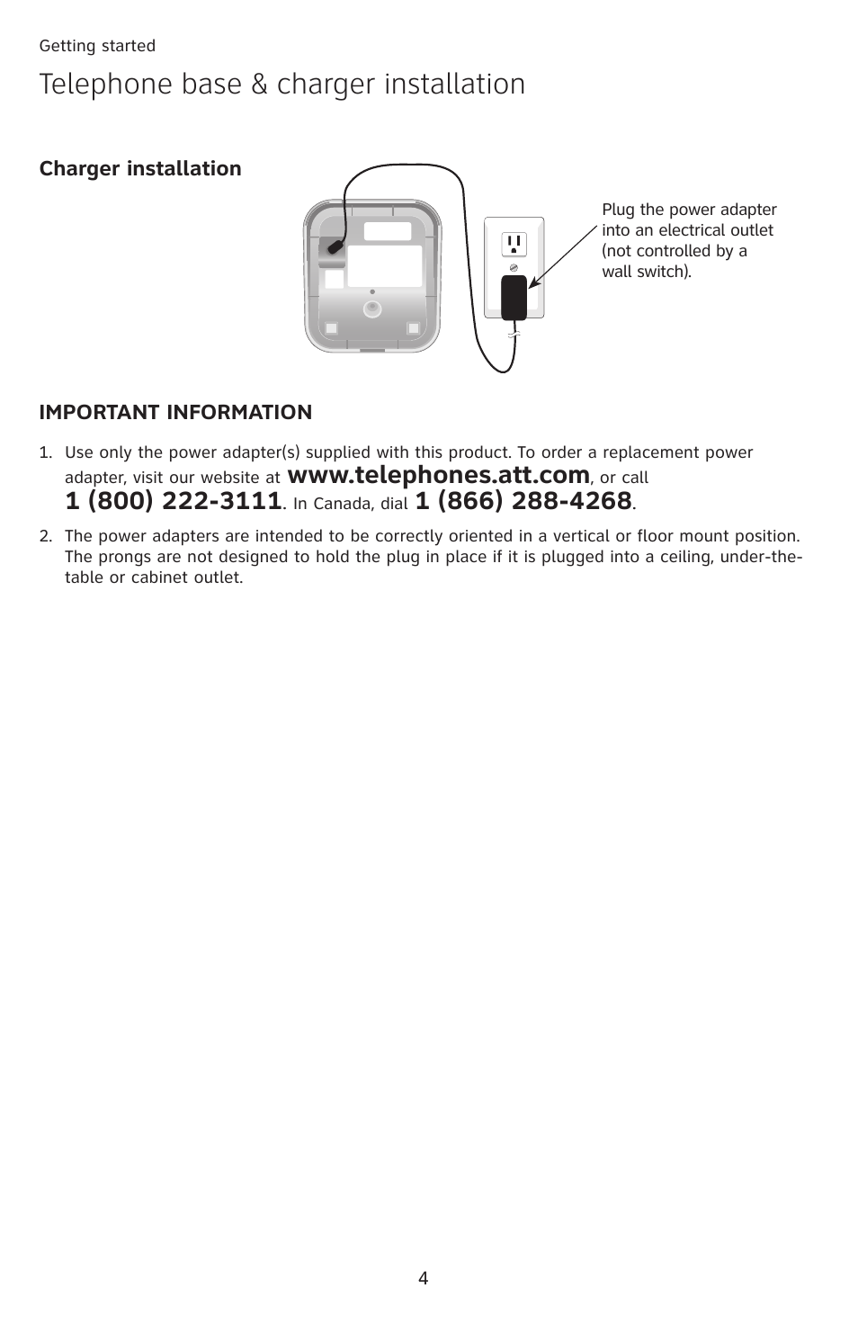 Telephone base & charger installation | AT&T SL87218 User Manual | Page 5 / 8