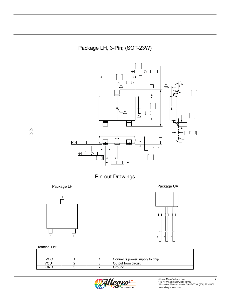 A1301, A1302, Package lh, 3-pin; (sot-23w) | Pin-out drawings | Allegro Multimedia A1302 User Manual | Page 7 / 8