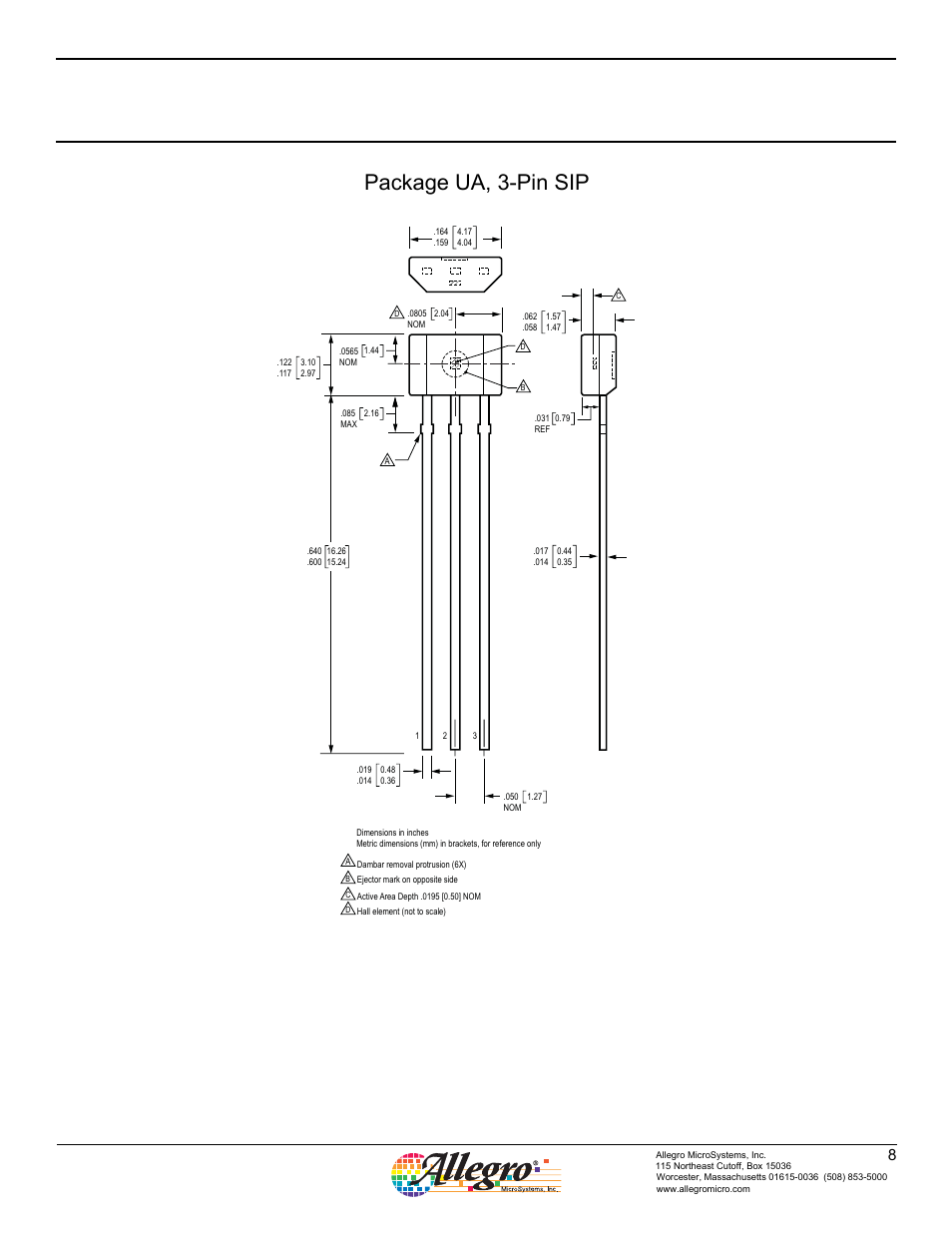 A1301, A1302, Package ua, 3-pin sip | Allegro Multimedia A1302 User Manual | Page 8 / 8