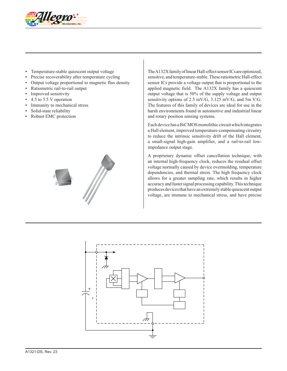 Description, Features and benefits, Functional block diagram | Allegro Multimedia A1321 User Manual | Page 2 / 13