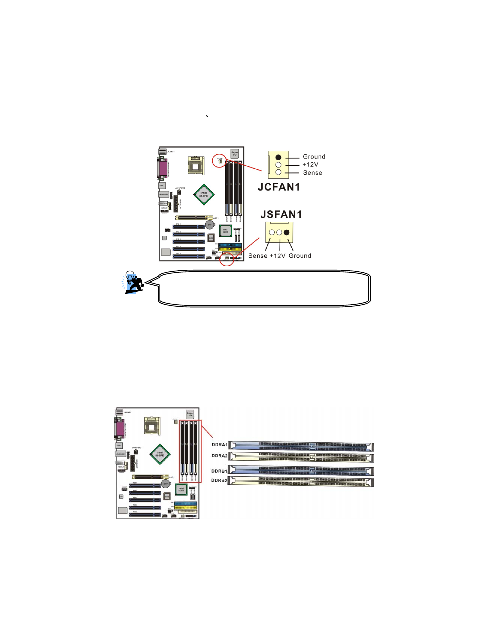 Fan headers: jcfan1、jsfan1, Memory installation | Albatron Technology PX865PEC User Manual | Page 11 / 23