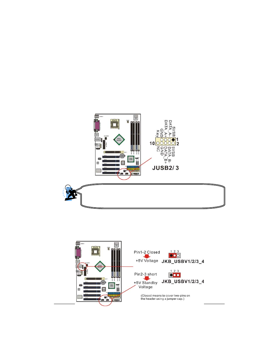 Headers & jumpers, Front usb headers: jusb2/ jusb3, Usb power source headers: jkb_usbv1/2/3_4 | Albatron Technology PX865PEC User Manual | Page 18 / 23