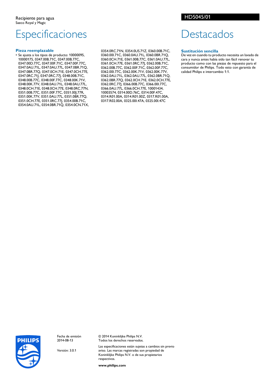 Especificaciones, Destacados | Philips Recipiente para agua User Manual | Page 2 / 2