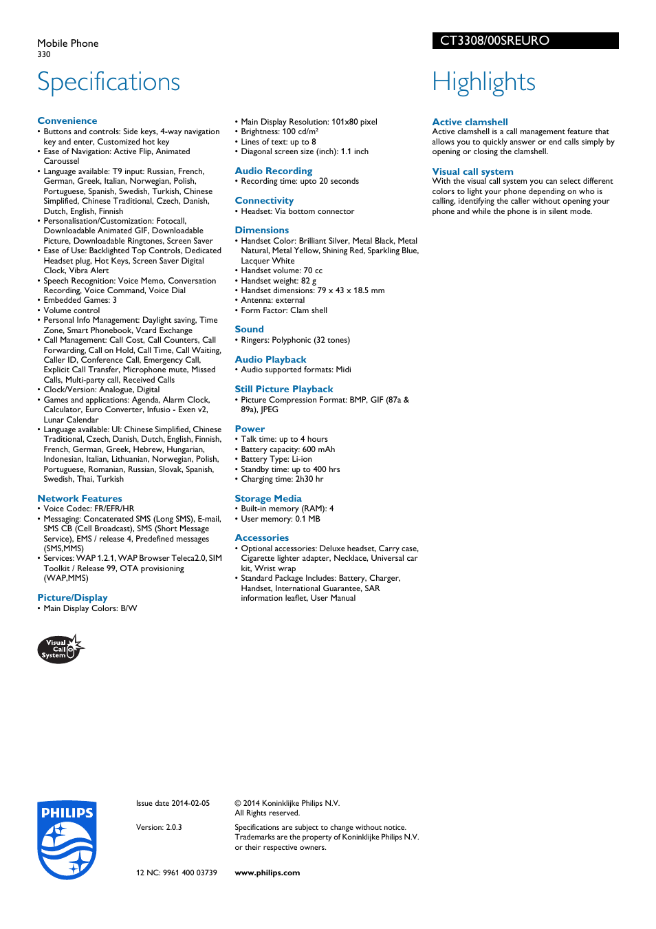 Specifications, Highlights | Philips CT3308 User Manual | Page 2 / 2