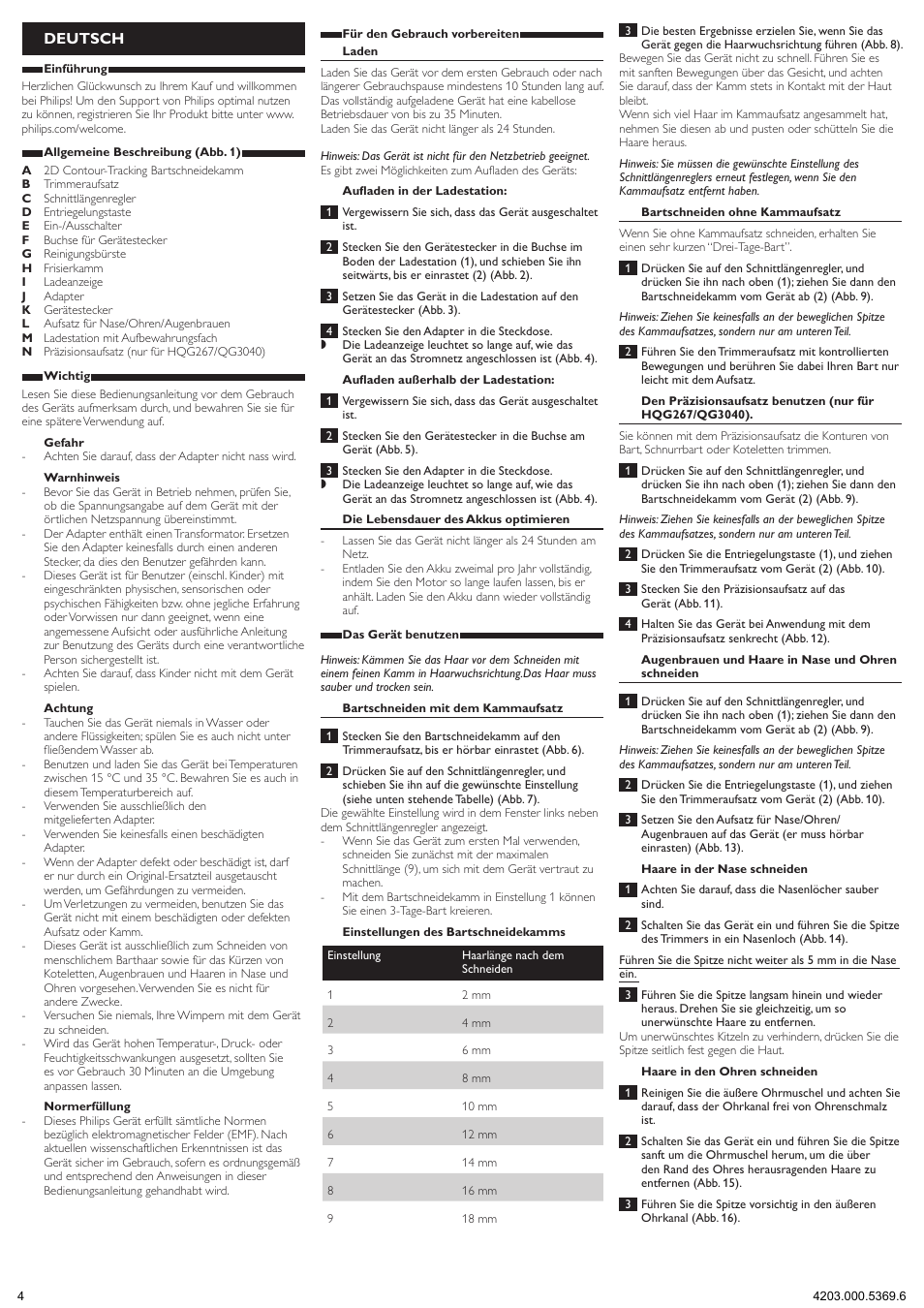 Deutsch | Philips Multigroom Set de arreglo personal User Manual | Page 4 / 11