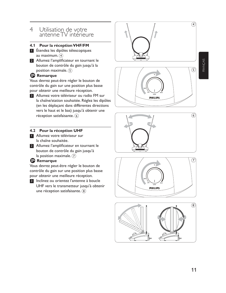 4 utilisation de votre antenne tv intérieure | Philips Antena de televisión User Manual | Page 11 / 33