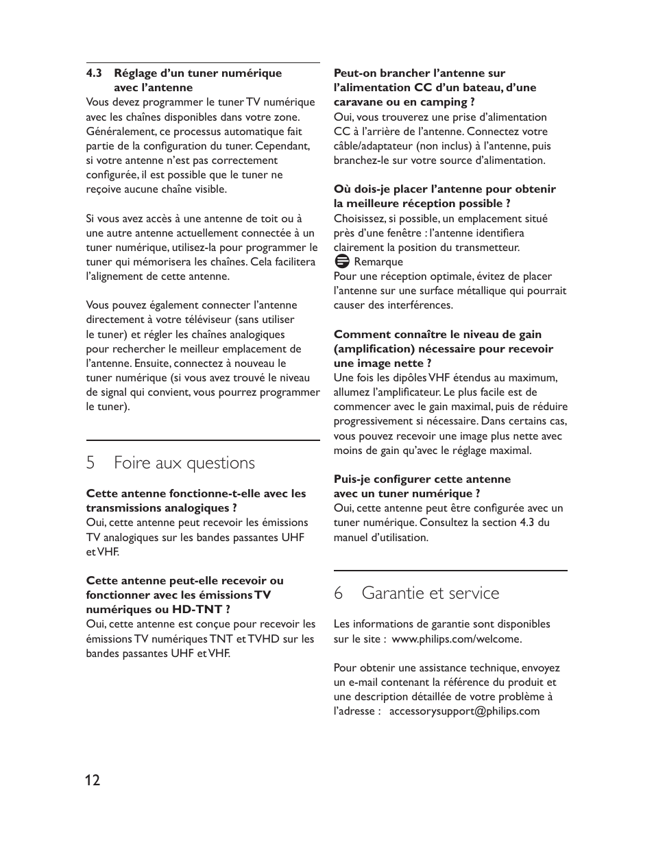 5 foire aux questions, 6 garantie et service | Philips Antena de televisión User Manual | Page 12 / 33