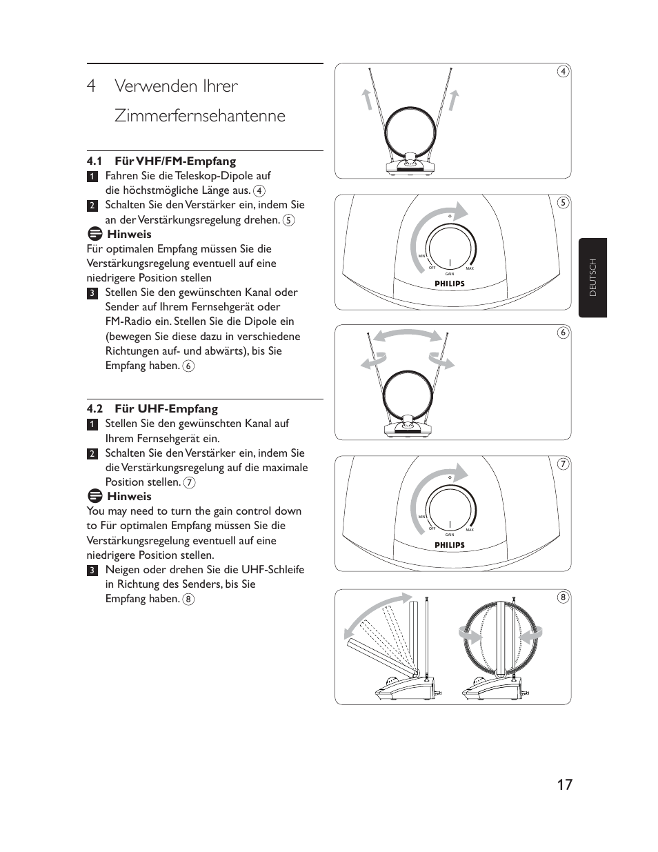 4 verwenden ihrer zimmerfernsehantenne | Philips Antena de televisión User Manual | Page 17 / 33