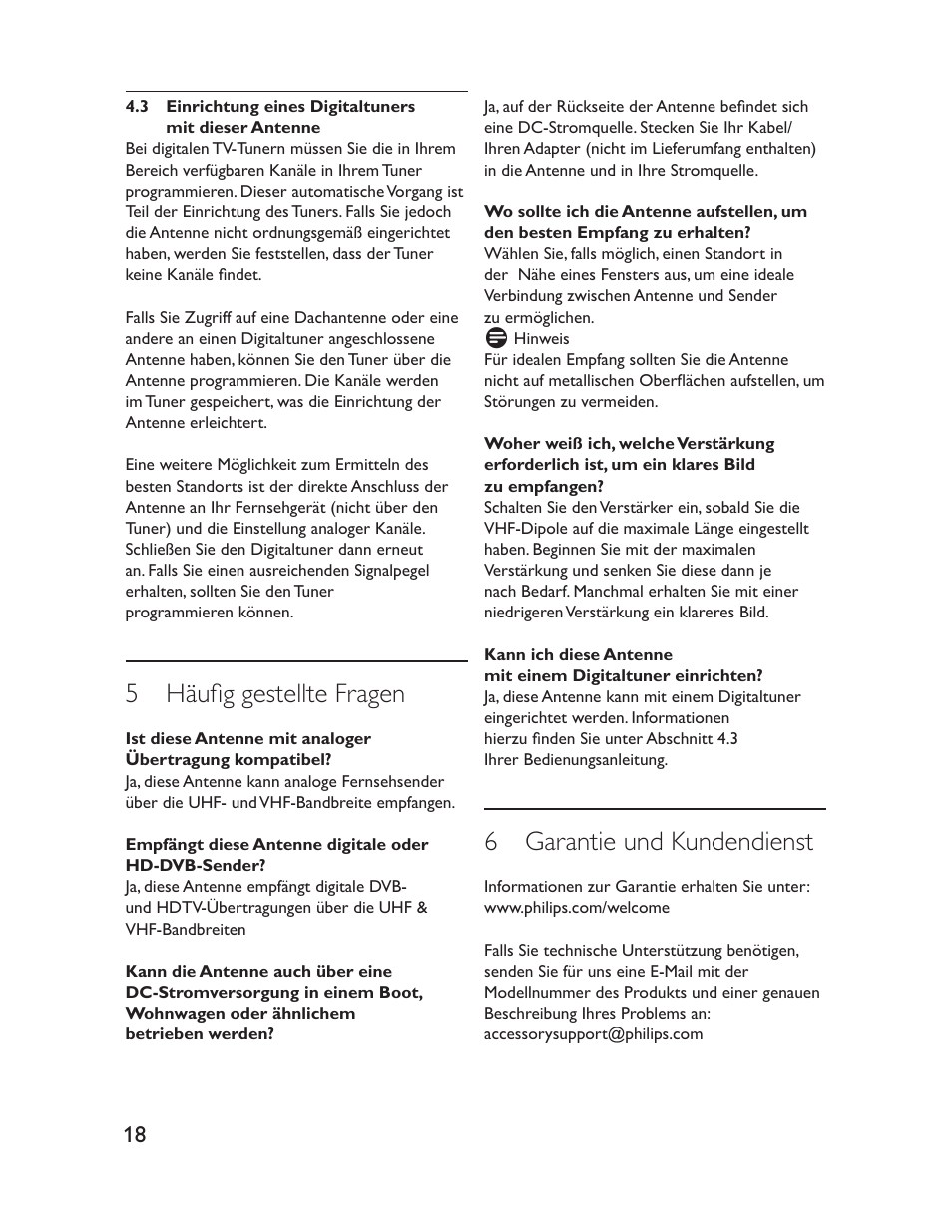 5 häufi g gestellte fragen, 6 garantie und kundendienst | Philips Antena de televisión User Manual | Page 18 / 33