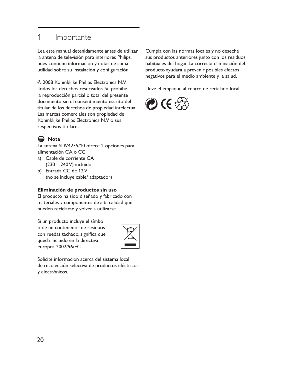 1 importante | Philips Antena de televisión User Manual | Page 20 / 33