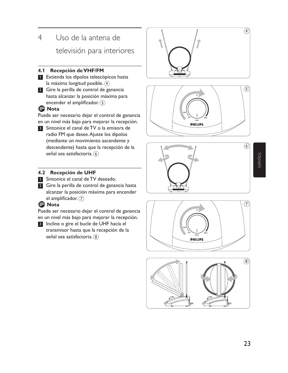 4 uso de la antena de televisión para interiores | Philips Antena de televisión User Manual | Page 23 / 33