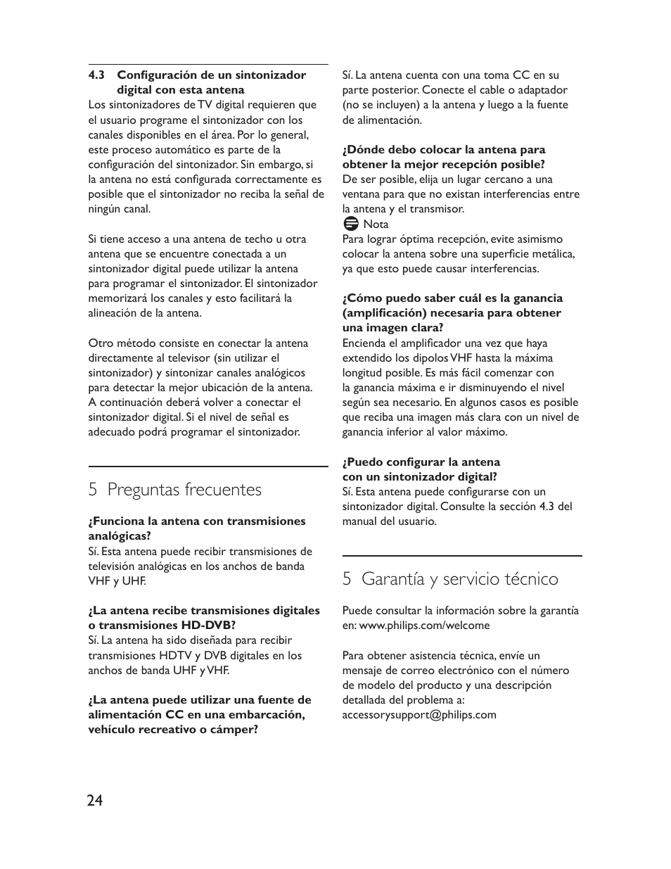 5 preguntas frecuentes, 5 garantía y servicio técnico | Philips Antena de televisión User Manual | Page 24 / 33