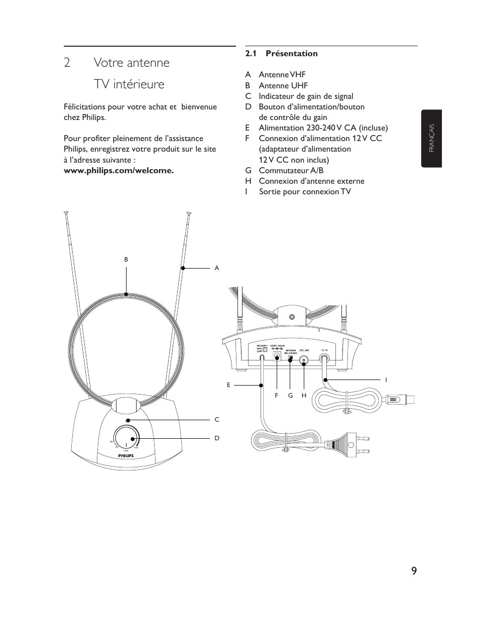 2 votre antenne tv intérieure | Philips Antena de televisión User Manual | Page 9 / 33