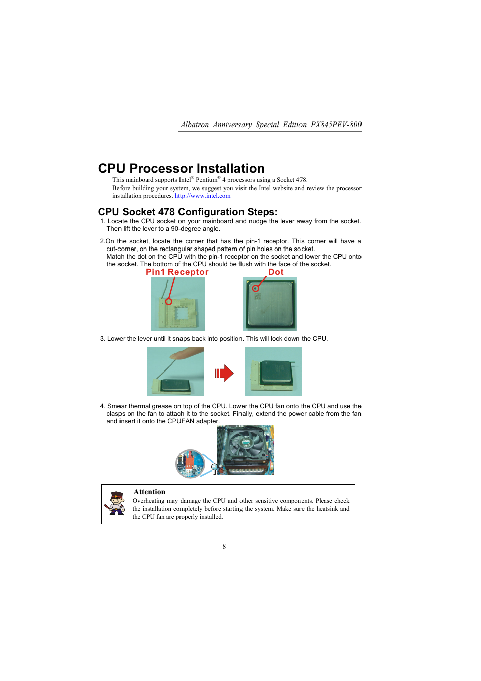 Cpu processor installation, Cpu socket 478 configuration steps | Albatron Technology PX845PEV-800 User Manual | Page 11 / 49