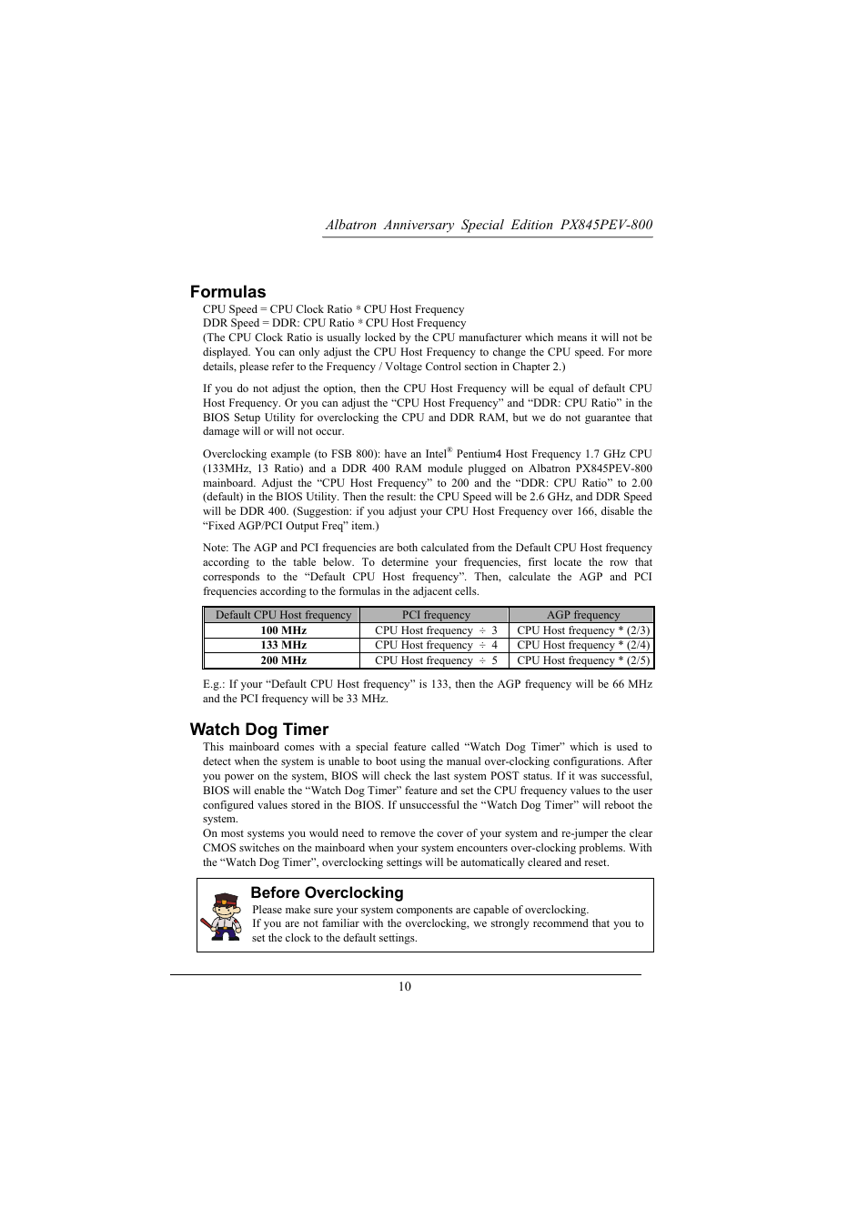 Formulas, Watch dog timer, Before overclocking | Albatron Technology PX845PEV-800 User Manual | Page 13 / 49