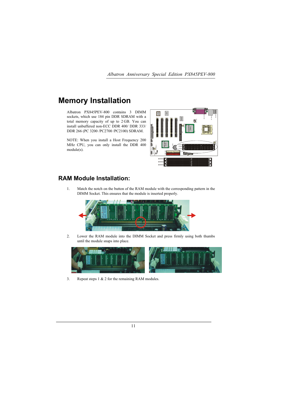 Ram module installation | Albatron Technology PX845PEV-800 User Manual | Page 14 / 49