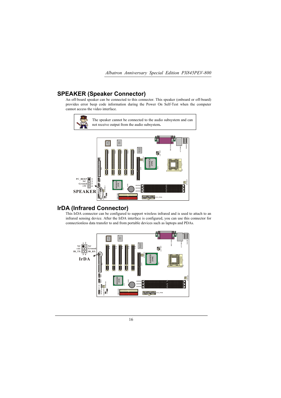 Speaker (speaker connector), Irda (infrared connector), Speaker | Irda | Albatron Technology PX845PEV-800 User Manual | Page 19 / 49