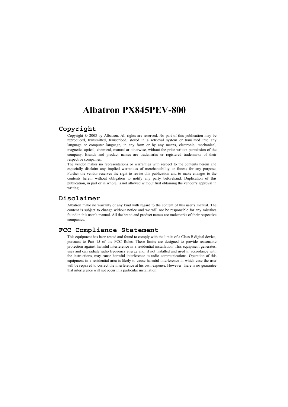 Copyright, Disclaimer, Fcc compliance statement | Albatron Technology PX845PEV-800 User Manual | Page 2 / 49