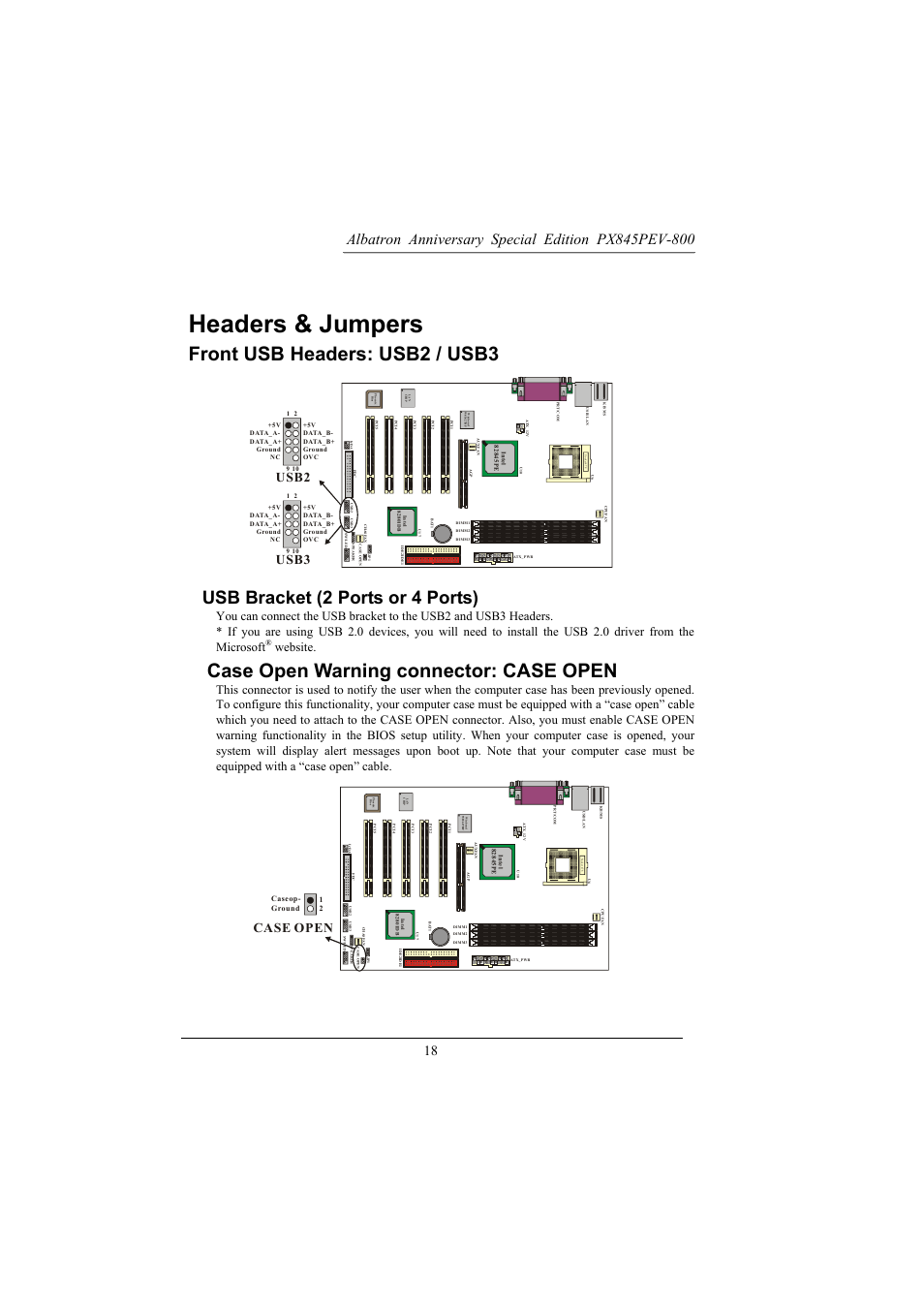 Headers & jumpers, Front usb headers: usb2 / usb3, Case open warning connector: case open | Usb bracket (2 ports or 4 ports), Usb2 usb3, Case open, Website | Albatron Technology PX845PEV-800 User Manual | Page 21 / 49