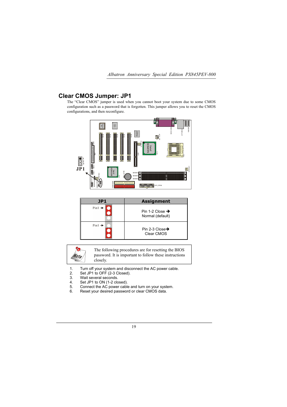 Clear cmos jumper: jp1, J 1 p, Jp1 assignment | Albatron Technology PX845PEV-800 User Manual | Page 22 / 49