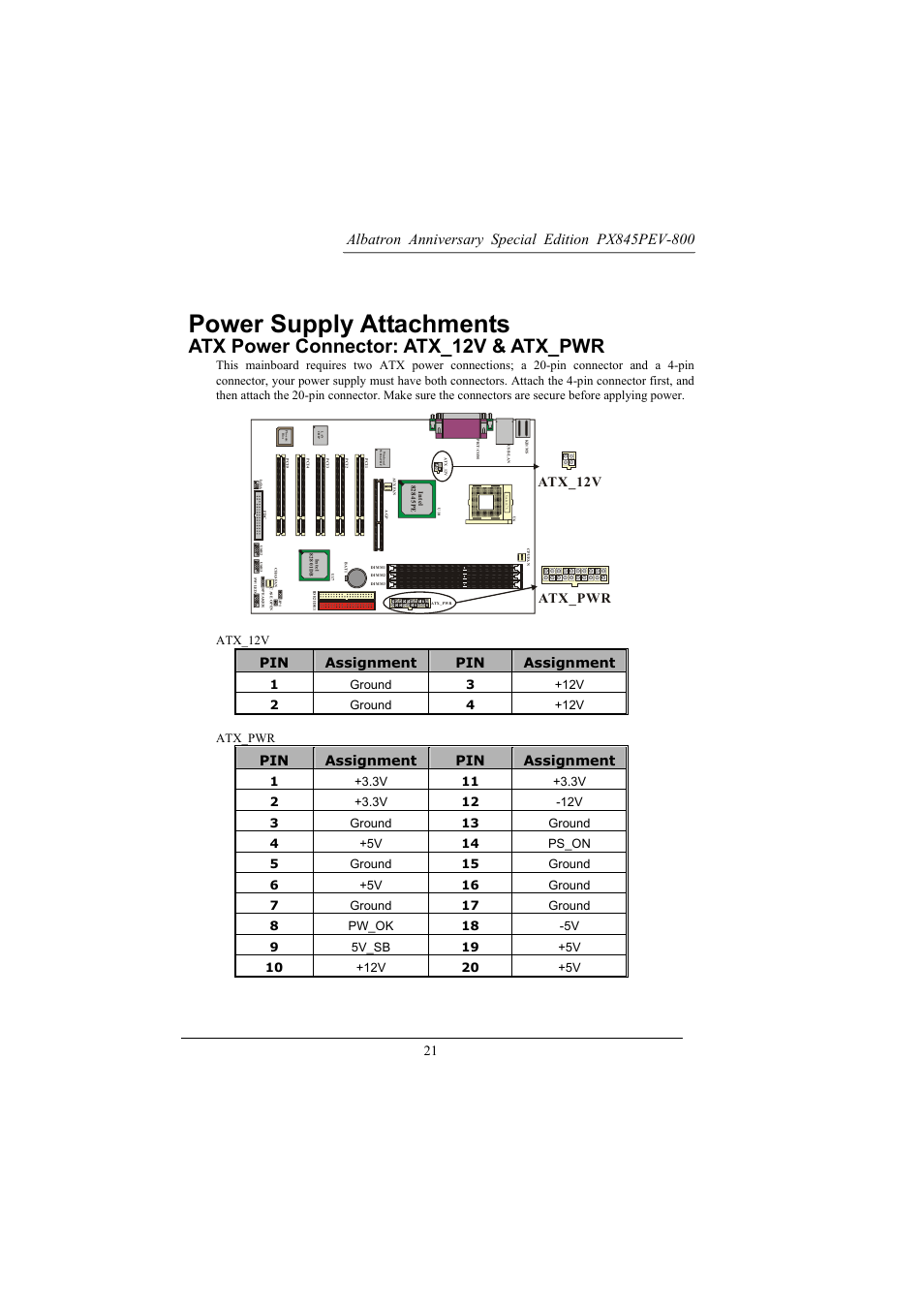 Power supply attachments, Atx power connector: atx_12v & atx_pwr, Pin assignment pin assignment | Atx_12v atx_pwr, Atx_12v | Albatron Technology PX845PEV-800 User Manual | Page 24 / 49