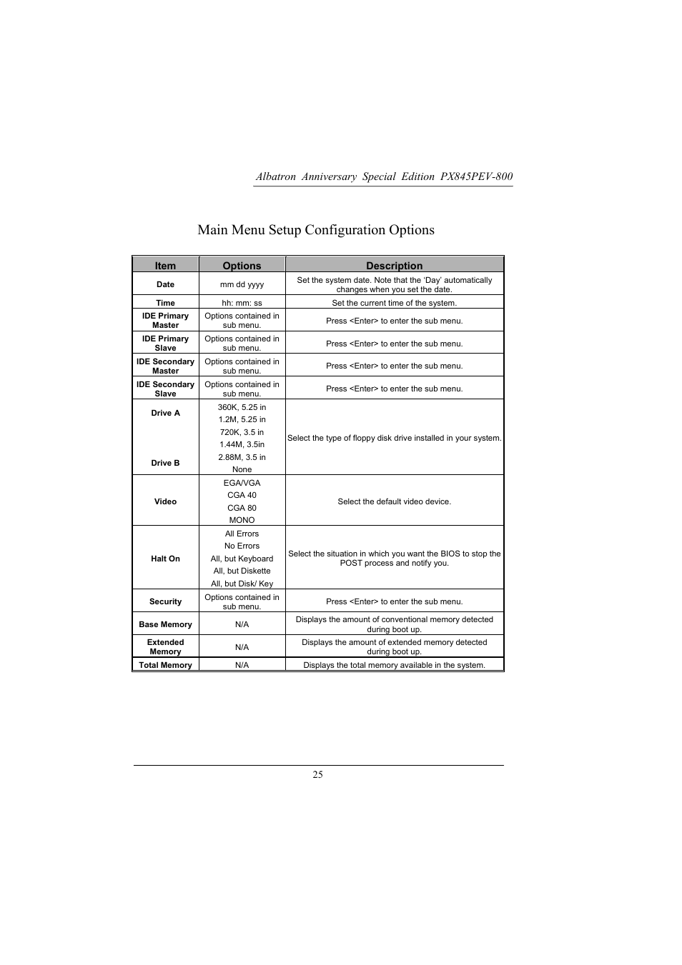 Main menu setup configuration options | Albatron Technology PX845PEV-800 User Manual | Page 28 / 49