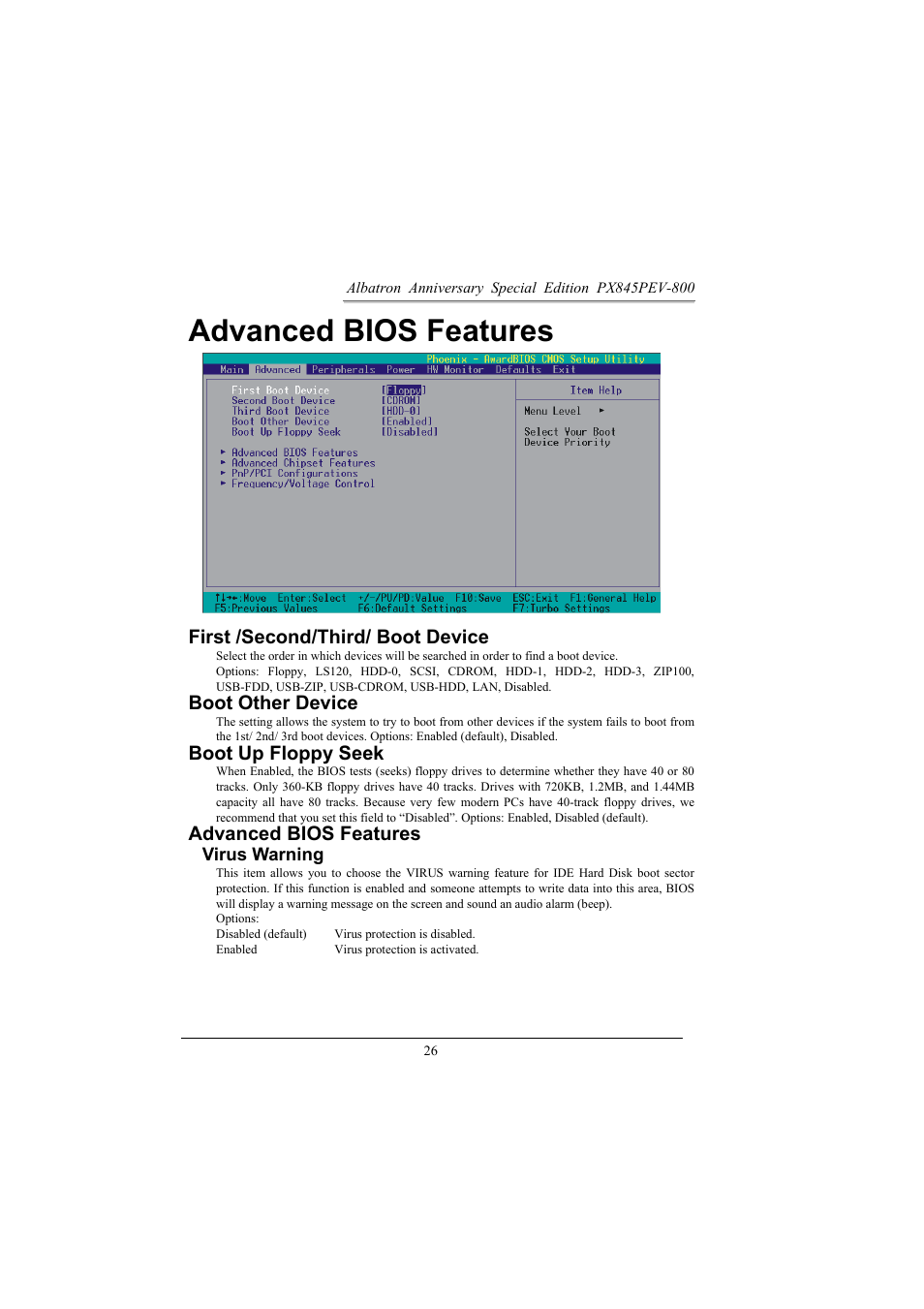 Advanced bios features, First /second/third/ boot device, Boot other device | Boot up floppy seek, Virus warning | Albatron Technology PX845PEV-800 User Manual | Page 29 / 49